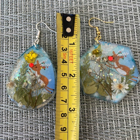 XMAS Pressed Flower Handmade Large Holiday Earrings Blue Rudolph Hexagon - Picture 8 of 11